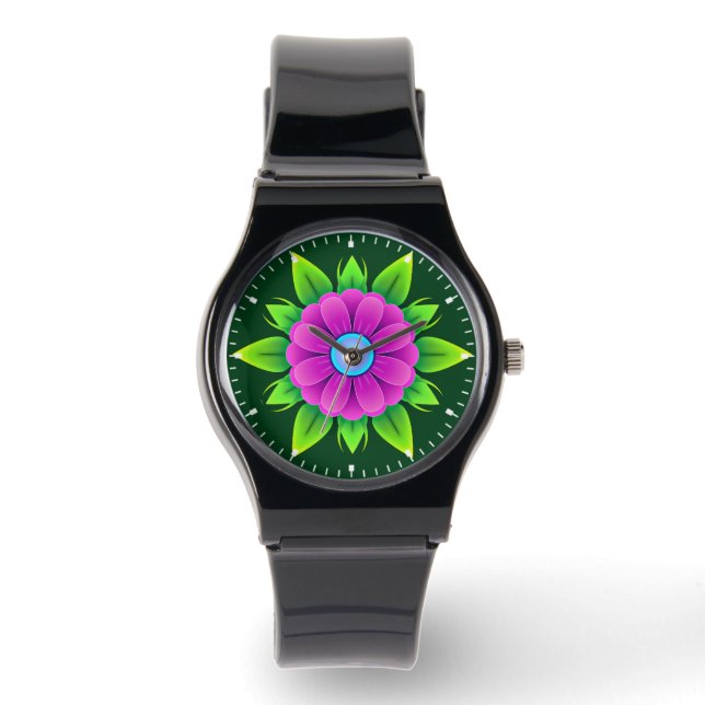 Montre Fleur rose avec feuilles vertes-23856 (Recto)