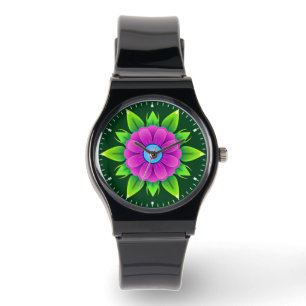 Montre Fleur rose avec Feuilles verts-23857