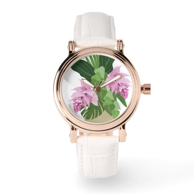 Montre Fleur rose de Medinilla tropicale sur blanc (Recto)