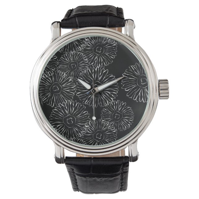 Montre Fleurs abstraites de printemps noir et blanc (devant)