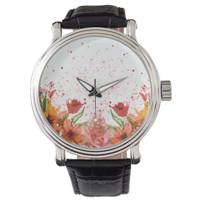 Montre Fleurs Abstraites Modernes Vertes et Orange (devant)