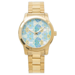 Montre Fleurs aquarelles bleues et jaunes