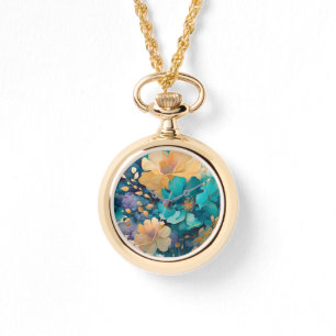Montre Fleurs aquarelles turquoise or violet marine