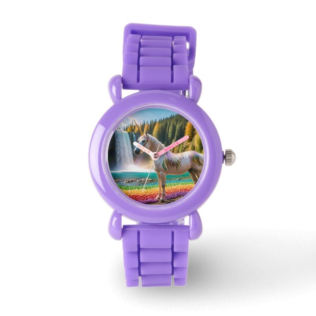 Montre Fleurs arc-en-ciel Unicorn Green Trees Lac de casc (Recto)