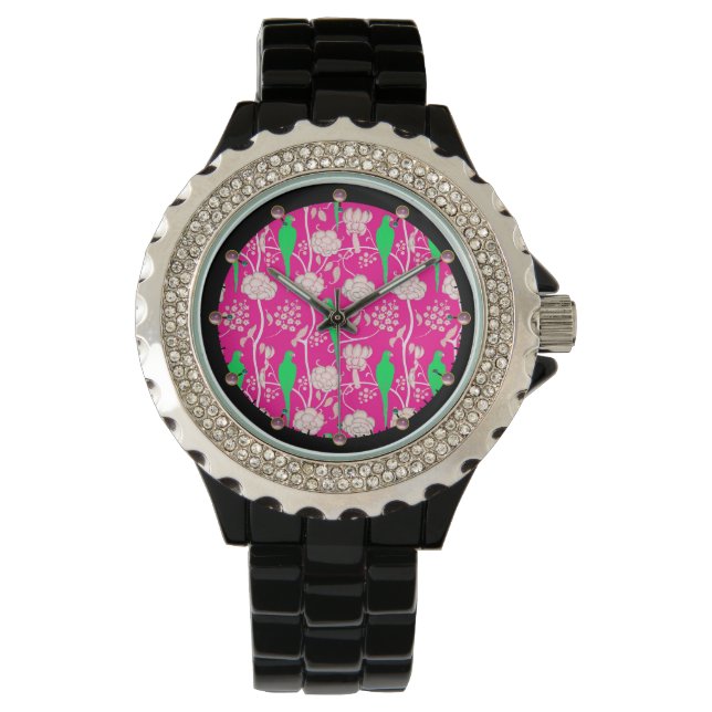 MONTRE FLEURS BLANCHES ART DÉCO ET PARROTS VERTS EN ROSE (devant)
