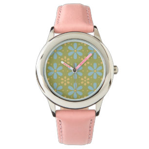 Montre Fleurs bleues et jaunes Abstraites rétro sur vert