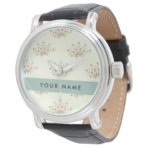 Montre Fleurs bleues et rouges, Bleu, Votre nom