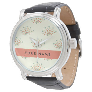 Montre Fleurs bleues et rouges, rouge, Votre nom