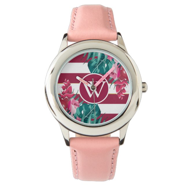 Montre Fleurs Bourgogne design Monogrammes rayés (devant)