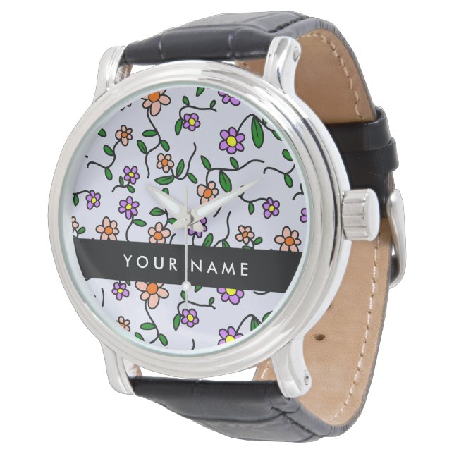 Montre Fleurs Colorées, Fond Bleu, Noir (Incliné)