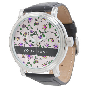 Montre Fleurs Colorées, Fond Rose, Noir
