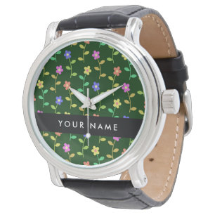 Montre Fleurs Colorées, Fond Vert, Noir