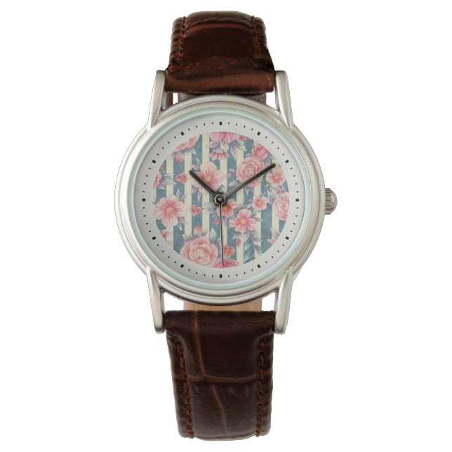 Montre Fleurs d'aquarelle rose sur bandes (devant)