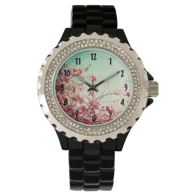 Montre Fleurs de cerisier Floral Rouge bleu bracelet (devant)