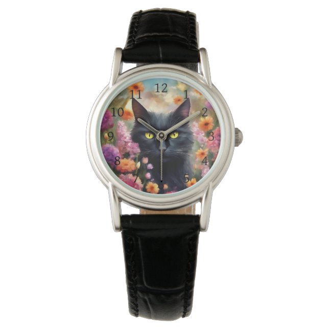Montre Fleurs de chats noirs Jardin Chat 736 (devant)