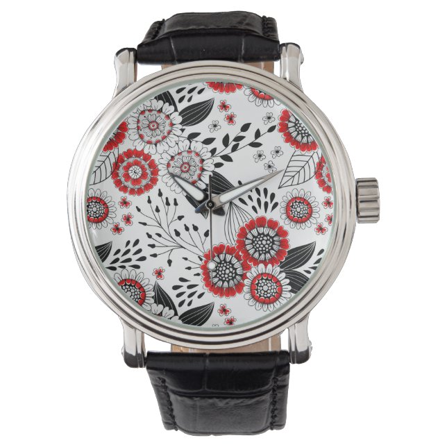 Montre Fleurs de gribouillis et feuilles en rouge et noir (devant)