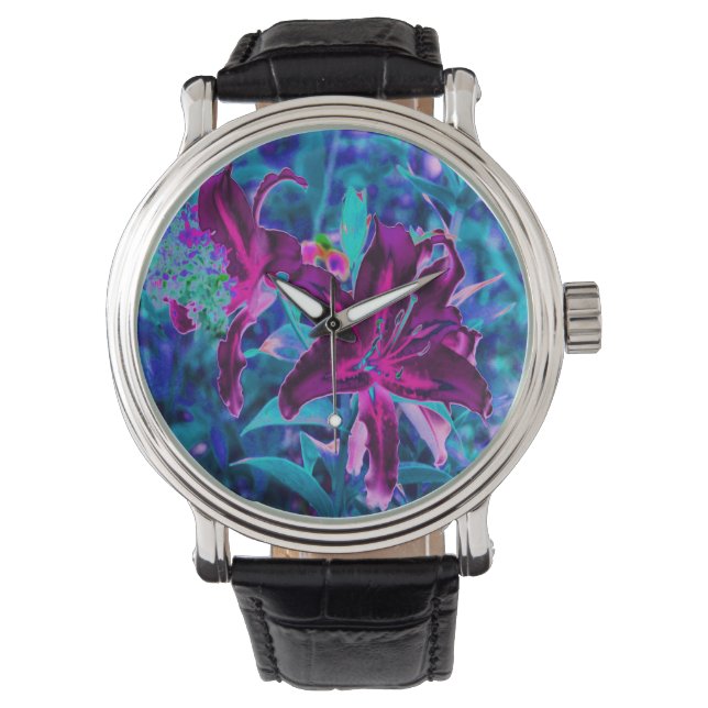 Montre Fleurs de lys orientales abstraites violettes et r (devant)