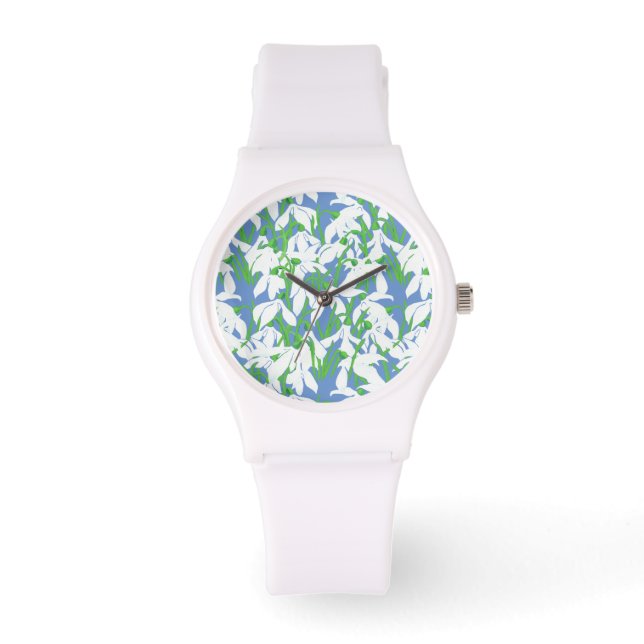 Montre Fleurs de neige de printemps Motif sur bleu poudre (Recto)