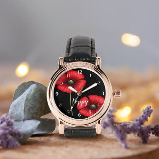 Montre Fleurs de pavot rouge sur Noir Personnalisé