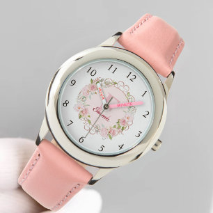 Montre Fleurs de rose rose poudré en aquarelle à monogram