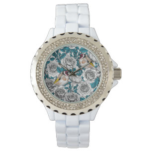 Montre Fleurs de roses blanches et oiseaux d'or