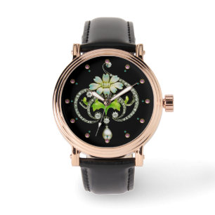MONTRE FLEURS D'ENAMÉRIQUE BLANC IMPRIMÉE, PERLES ET DIAM