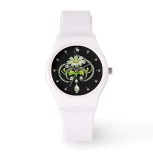 MONTRE FLEURS D'ENAMÉRIQUE BLANC IMPRIMÉE, PERLES ET DIAM