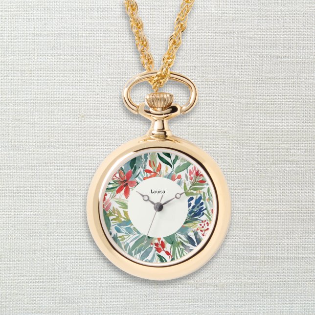 Montre Fleurs d'Euphorbe Rouge Jolies Fleur de Noël (An elegant monogrammed necklace pendant with watch and red poinsettia design in a watercolor style)