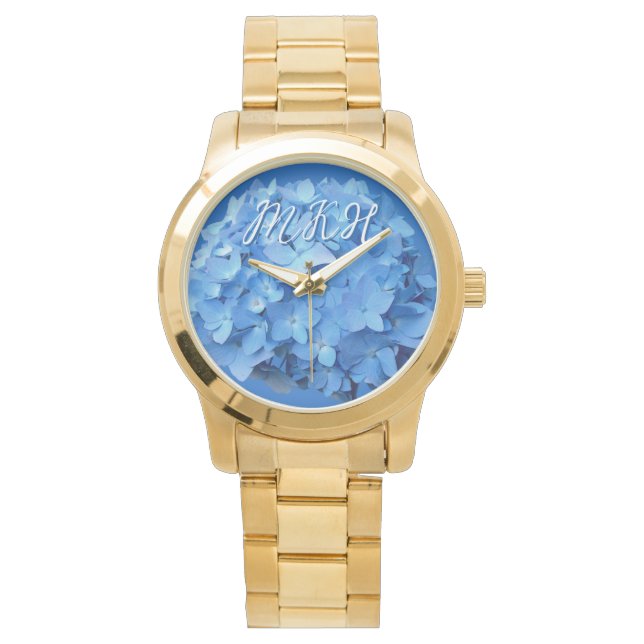 Montre Fleurs d'hortensia bleu monogrammées (devant)