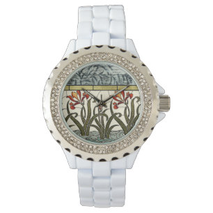 Montre Fleurs en verre tendu avec bordure en tan