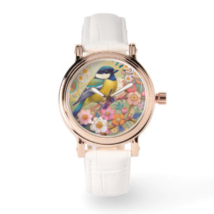 Montre Fleurs florales colorées d'Oiseau de Chickadee Gre