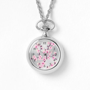 Montre Fleurs florales de cerisiers Nombre d'argent rose