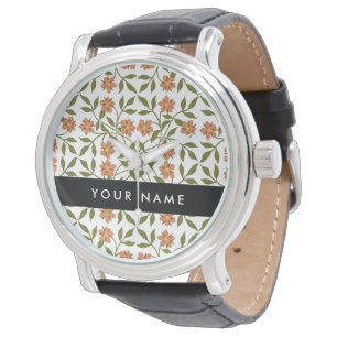 Montre Fleurs oranges, motif floral, Boho, Votre Nom