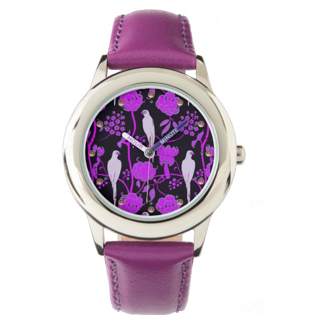 MONTRE FLEURS PURPLES ART DÉCO, PARROTS BLANCS SUR NOIR (devant)