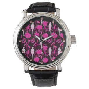 MONTRE FLEURS ROSES ART DÉCO, PAROIS BLANCS SUR NOIR