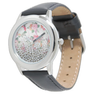Montre Fleurs roses Empreintes de léopard noires en argen
