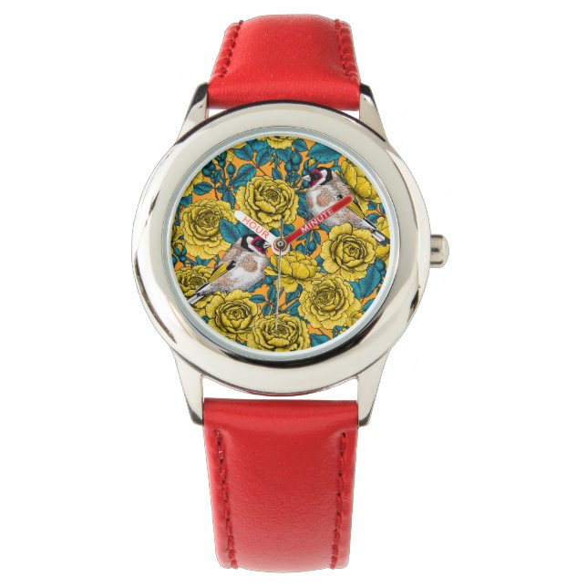 Montre Fleurs roses et oiseaux dorés (devant)