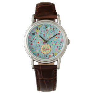 Montre Fleurs roses et rouges sur Monogramme Turquoise