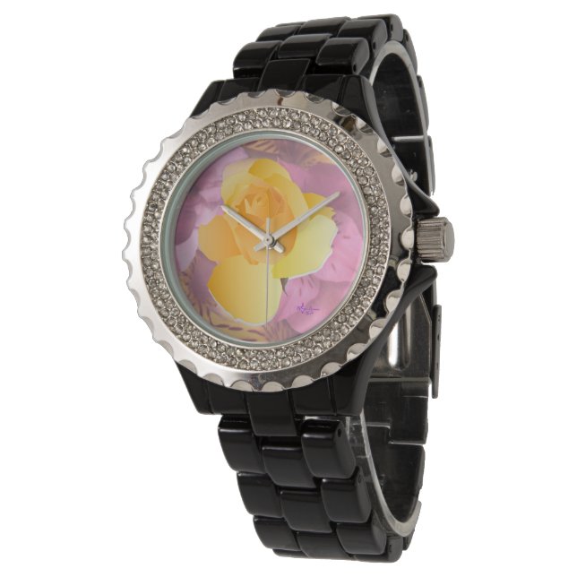 Montre Fleurs roses Yellow Rose Black Rhinestone Watch (Incliné)