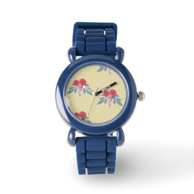 Montre Fleurs rouges et feuilles verts sur marron (Recto)