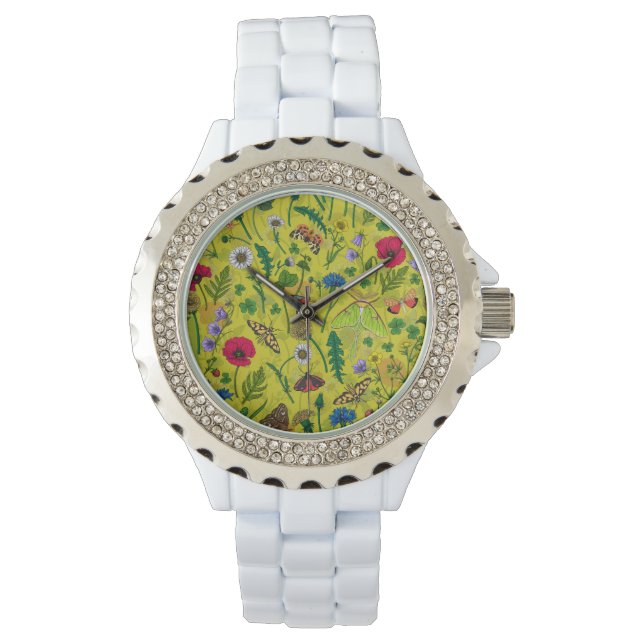 Montre Fleurs sauvages et papillons de nuit en vert (devant)