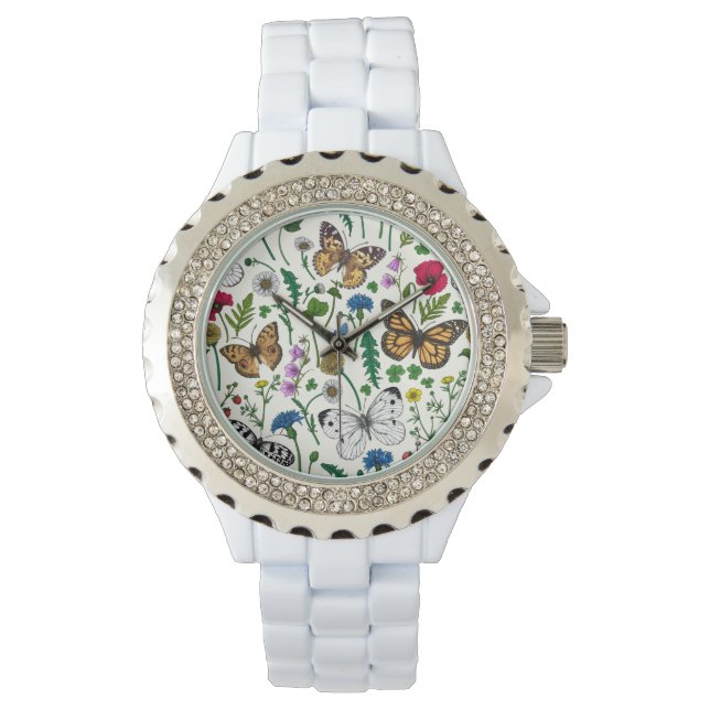 Montre Fleurs sauvages et papillons sur blanc (devant)