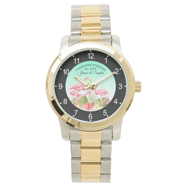 Montre Fleurs tropicales et design de flamants roses (devant)