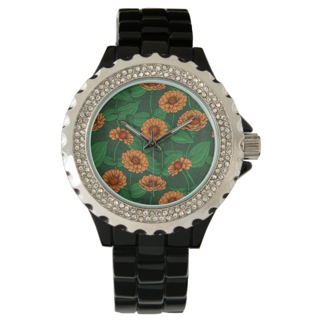 Montre Fleurs Zinnia orange, feuilles verts sur vert fonc (devant)