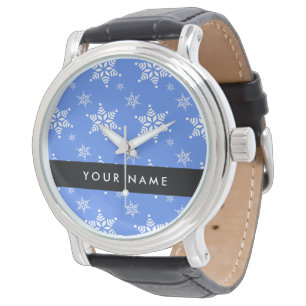 Montre Flocons de neige blancs, Bleu, Votre nom, Personna