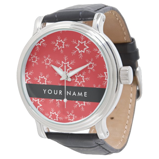 Montre Flocons de neige rouges et blancs, Votre nom, Pers (Incliné)