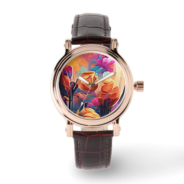 Montre Floral Abstract Art Orange Red Blue Flowers (Recto)