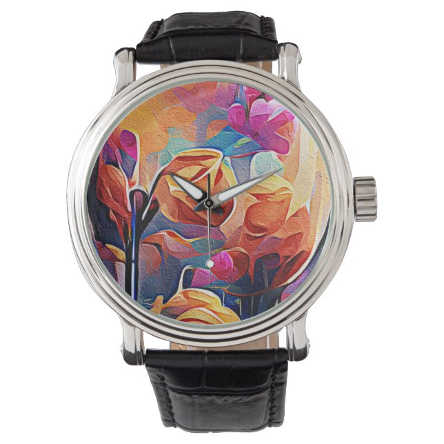 Montre Floral Abstract Art Orange Red Blue Flowers (devant)