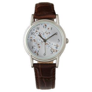 Montre Floral Bleu Argent Blanc Cerisier Fleurs Numéros