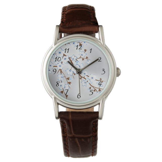 Montre Floral Bleu Argent Blanc Cerisier Fleurs Numéros (devant)